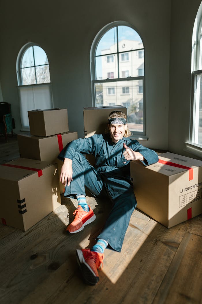 portfolio-01 A cheerful man in casual clothing gives a thumbs up while sitting among moving boxes in a sunlit room.